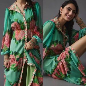 Anthropology Floral Green and Pink Maxi Dress